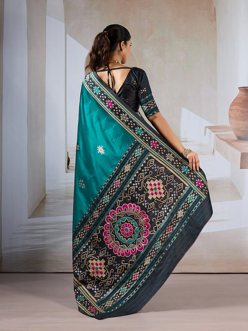 Monjolika Fashion Teal Weaving Handloom Silk Blend Designer Saree | Grocsy