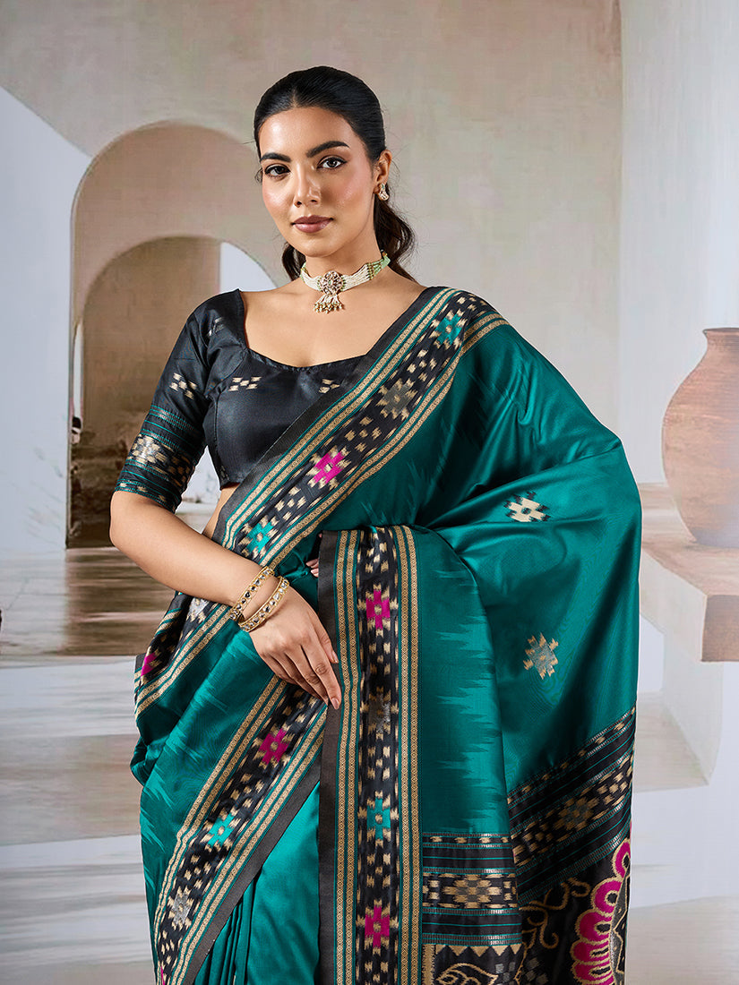 Monjolika Fashion Teal Weaving Handloom Silk Blend Designer Saree | Grocsy