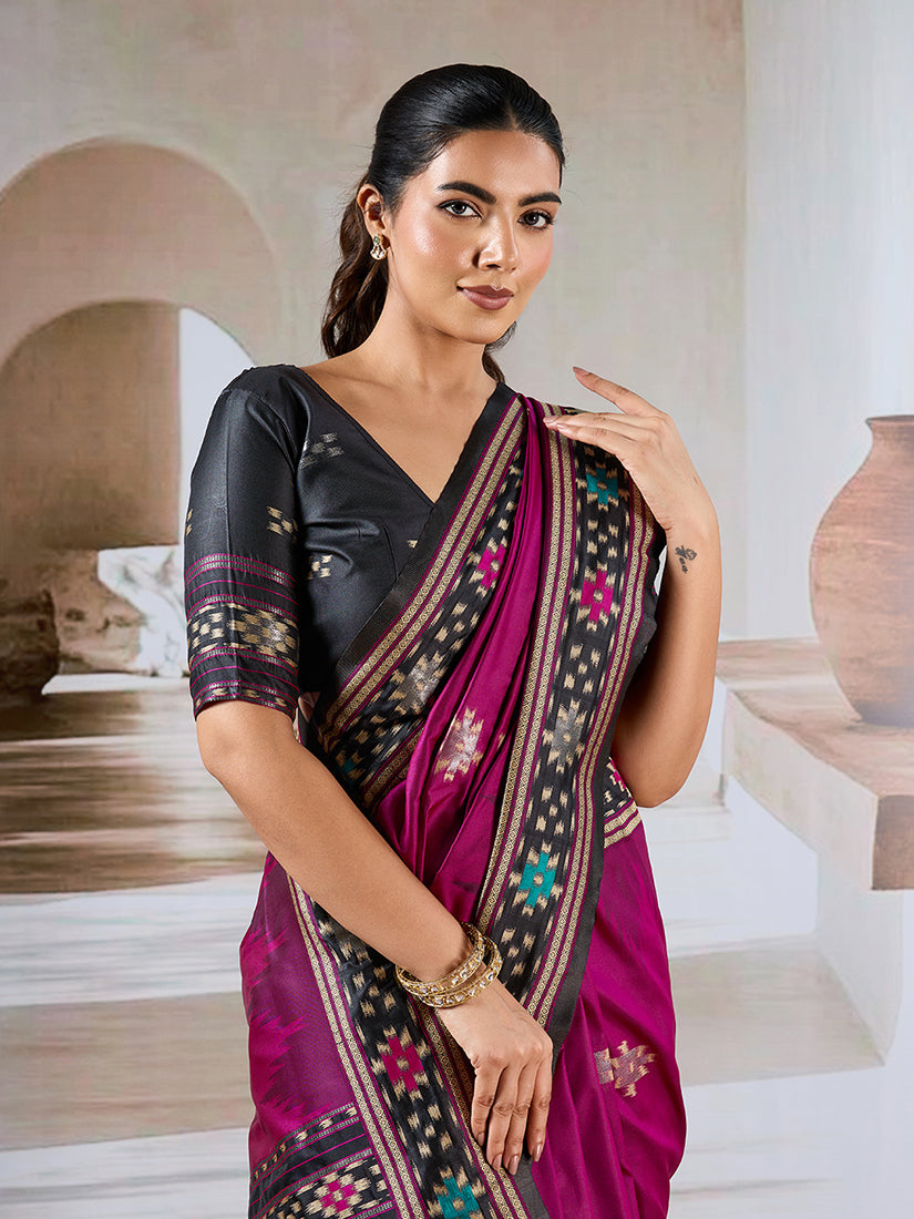 Monjolika Fashion Dark Magenta Weaving Handloom Silk Blend Designer Saree | Grocsy