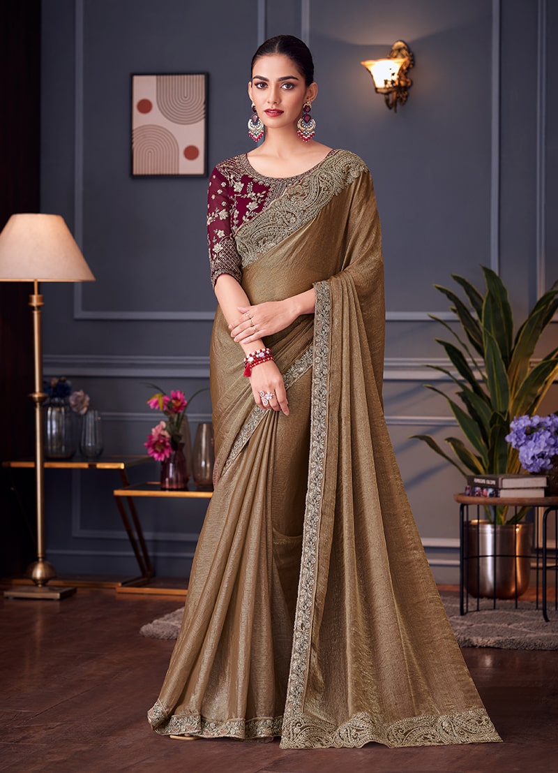 Monjolika Fashion Brown Embroidered Double Tone Silk Blend Designer Saree | Grocsy