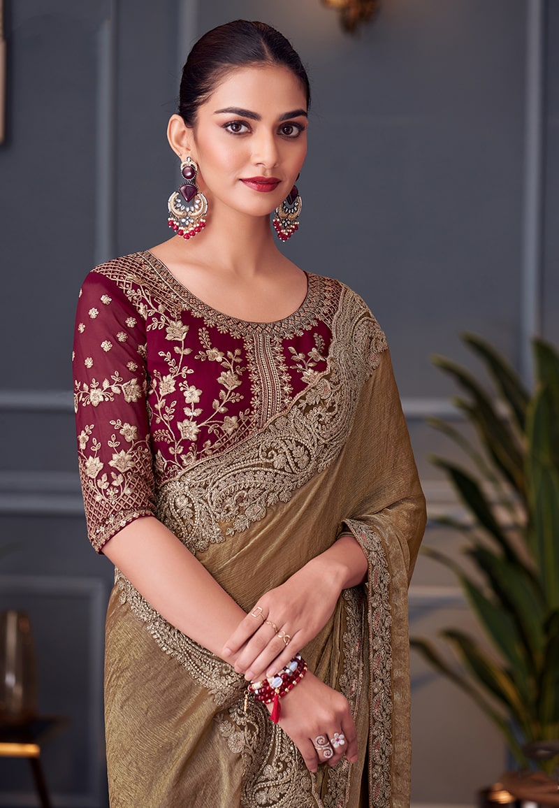 Monjolika Fashion Brown Embroidered Double Tone Silk Blend Designer Saree | Grocsy