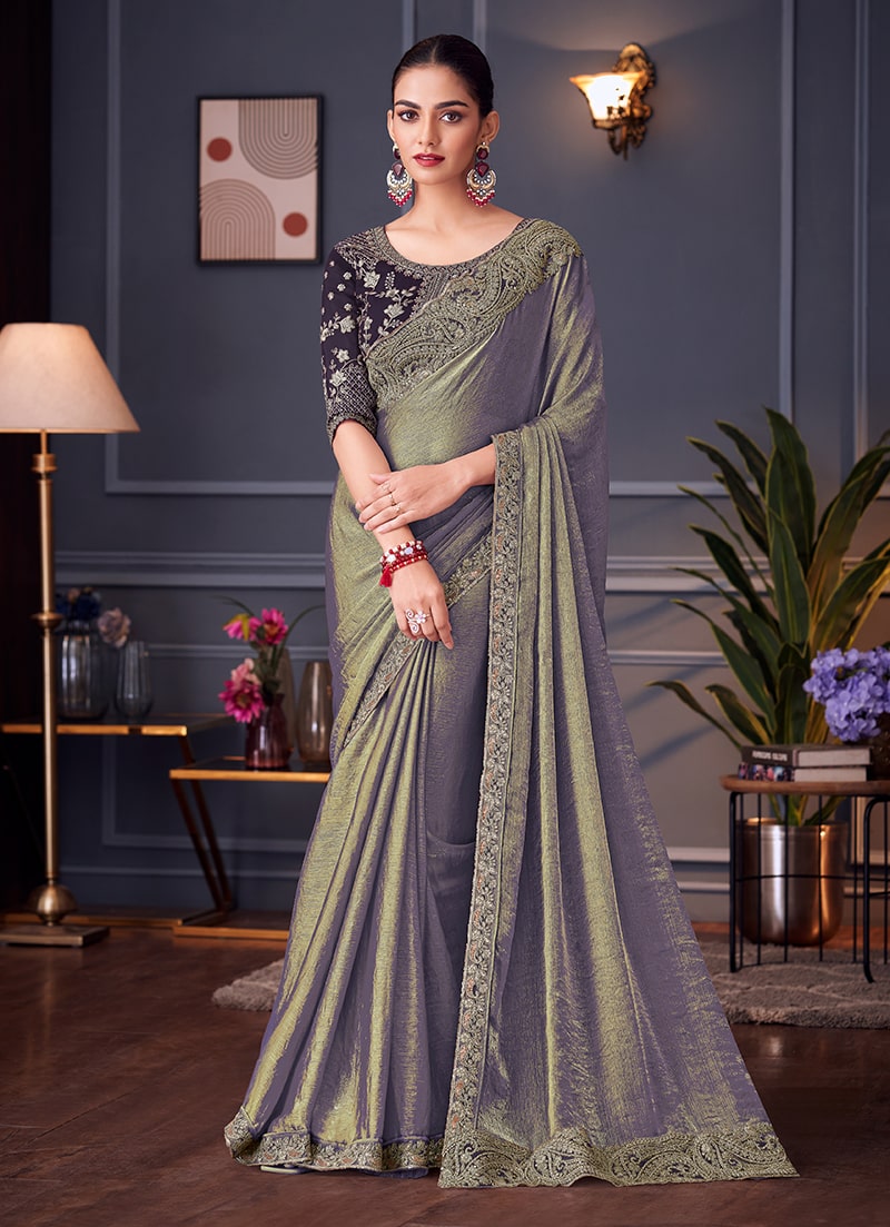 Monjolika Fashion Steel Grey Embroidered Double Tone Silk Blend Designer Saree | Grocsy