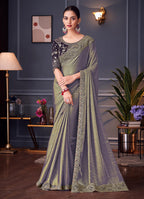 Monjolika Fashion Steel Grey Embroidered Double Tone Silk Blend Designer Saree | Grocsy