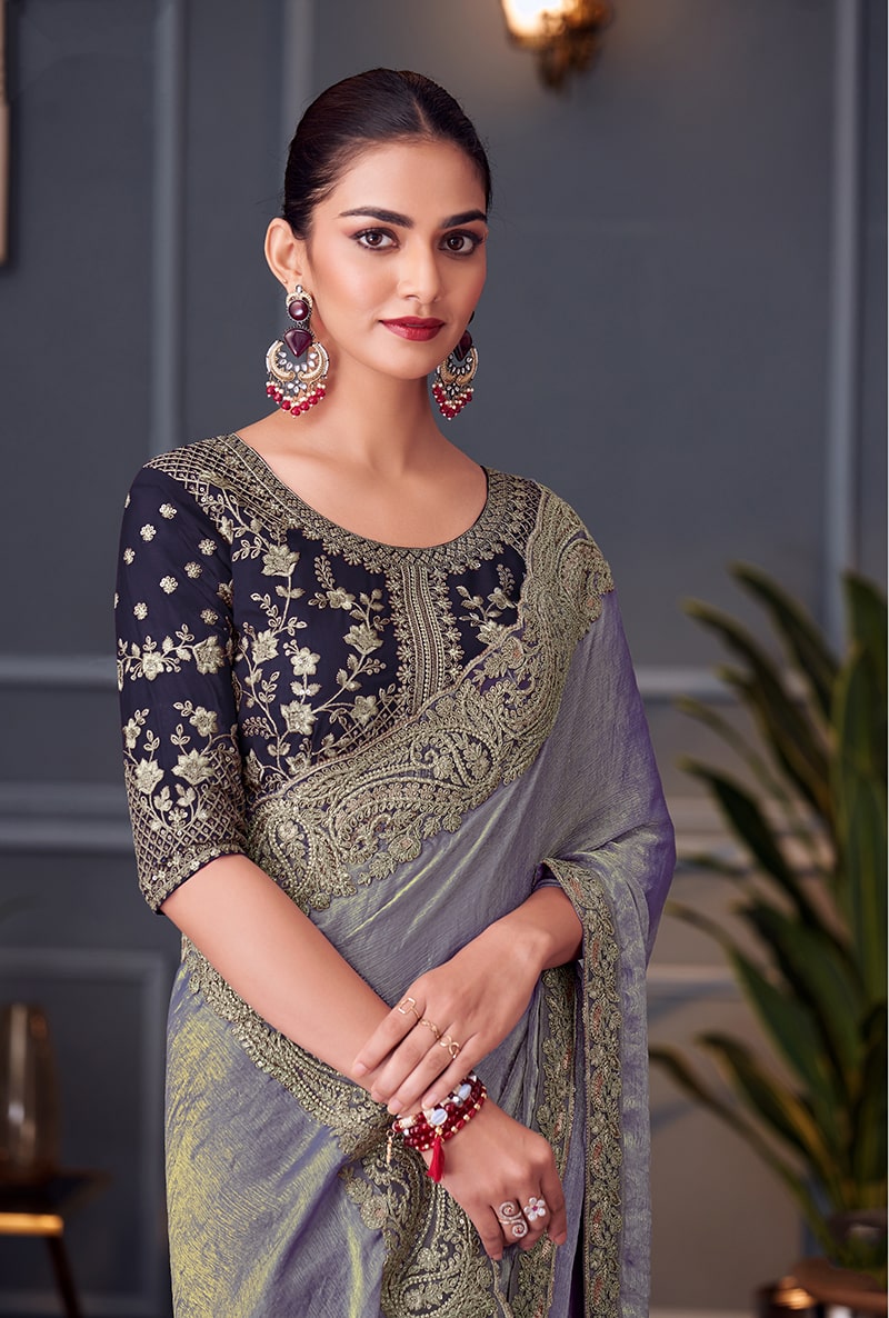 Monjolika Fashion Steel Grey Embroidered Double Tone Silk Blend Designer Saree | Grocsy