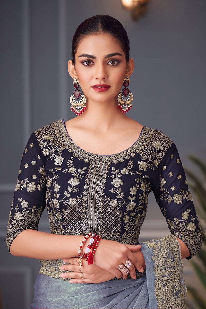 Monjolika Fashion Steel Grey Embroidered Double Tone Silk Blend Designer Saree | Grocsy