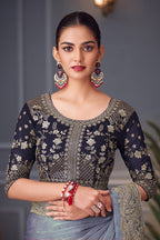 Monjolika Fashion Steel Grey Embroidered Double Tone Silk Blend Designer Saree | Grocsy