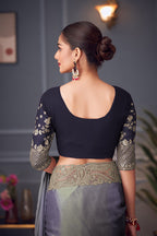 Monjolika Fashion Steel Grey Embroidered Double Tone Silk Blend Designer Saree | Grocsy