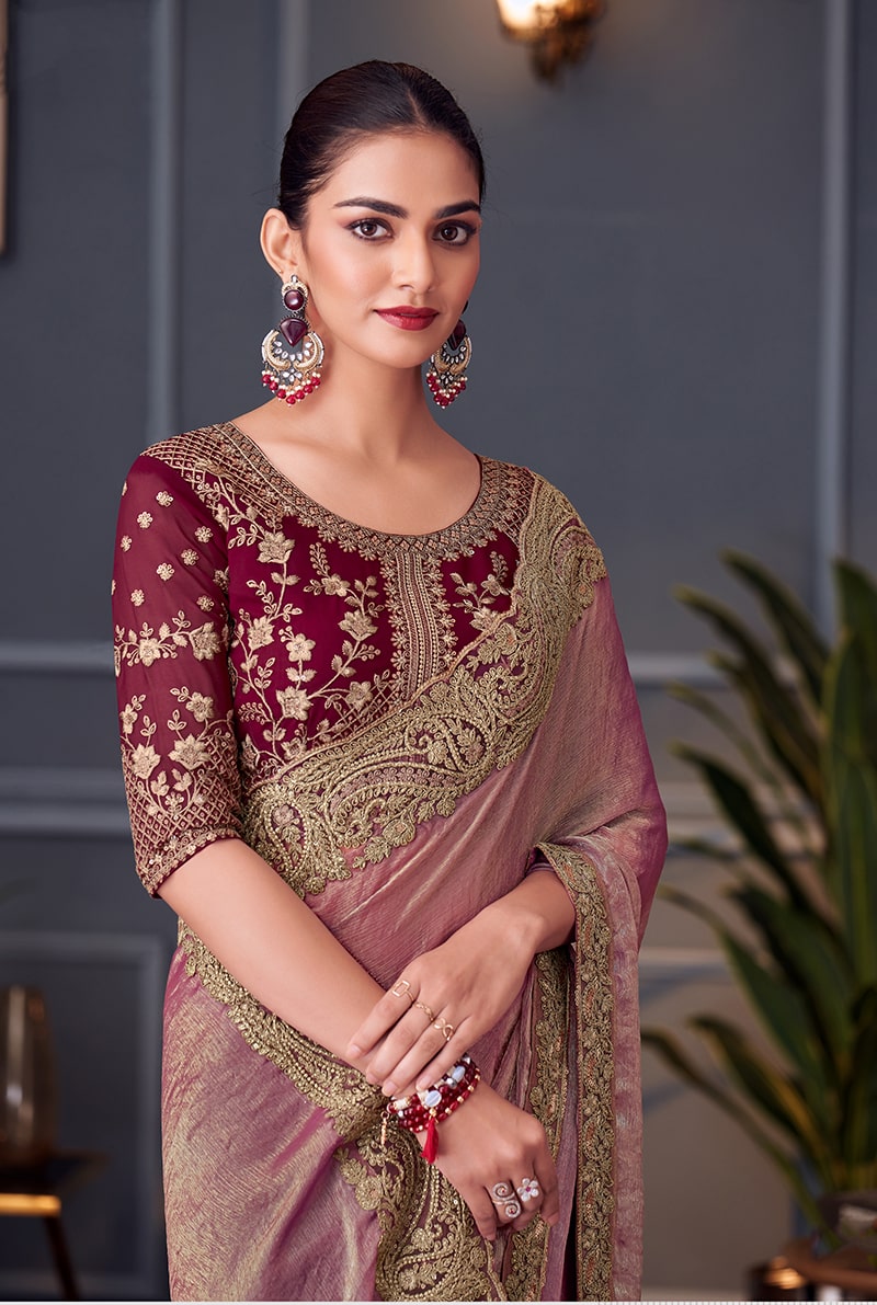 Monjolika Fashion Pink Embroidered Double Tone Silk Blend Designer Saree | Grocsy