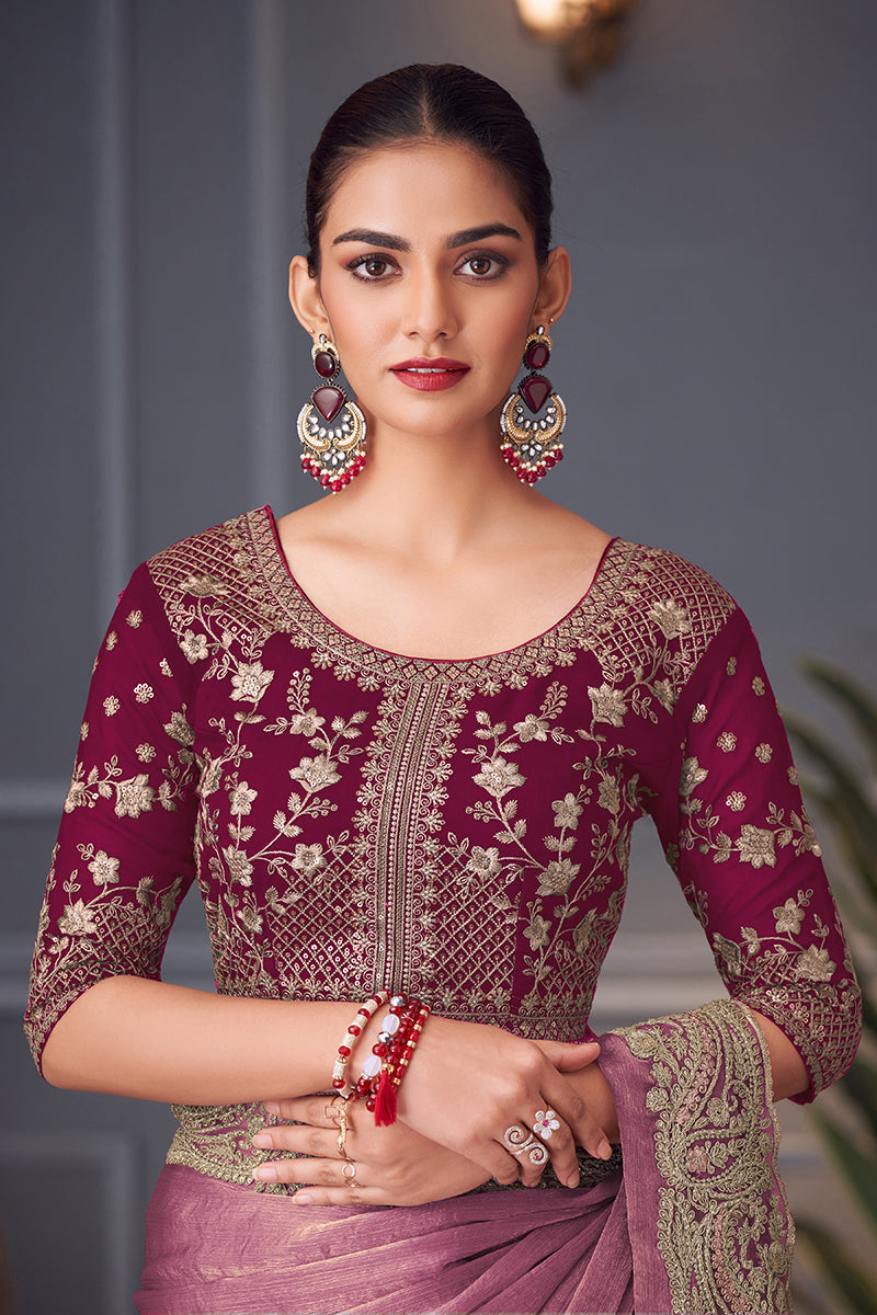 Monjolika Fashion Pink Embroidered Double Tone Silk Blend Designer Saree | Grocsy
