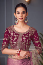 Monjolika Fashion Pink Embroidered Double Tone Silk Blend Designer Saree | Grocsy