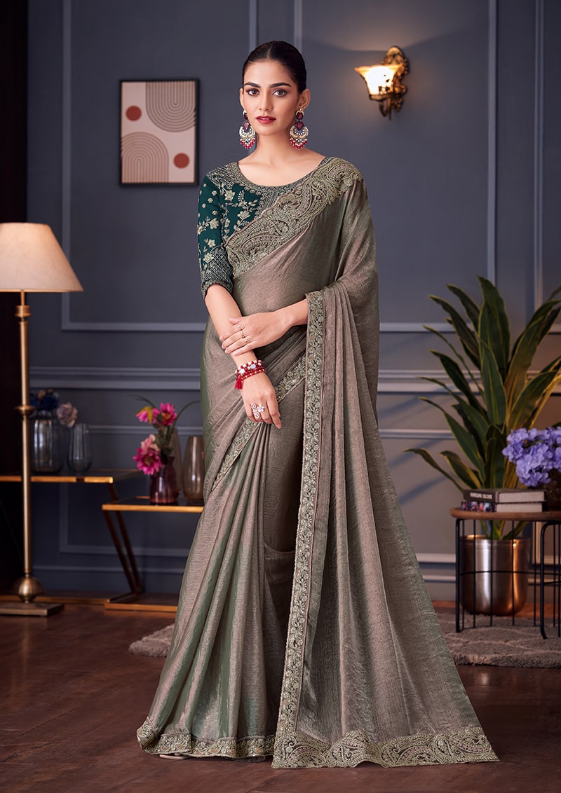 Monjolika Fashion Grey Embroidered Double Tone Silk Blend Designer Saree | Grocsy