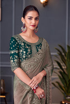 Monjolika Fashion Grey Embroidered Double Tone Silk Blend Designer Saree | Grocsy