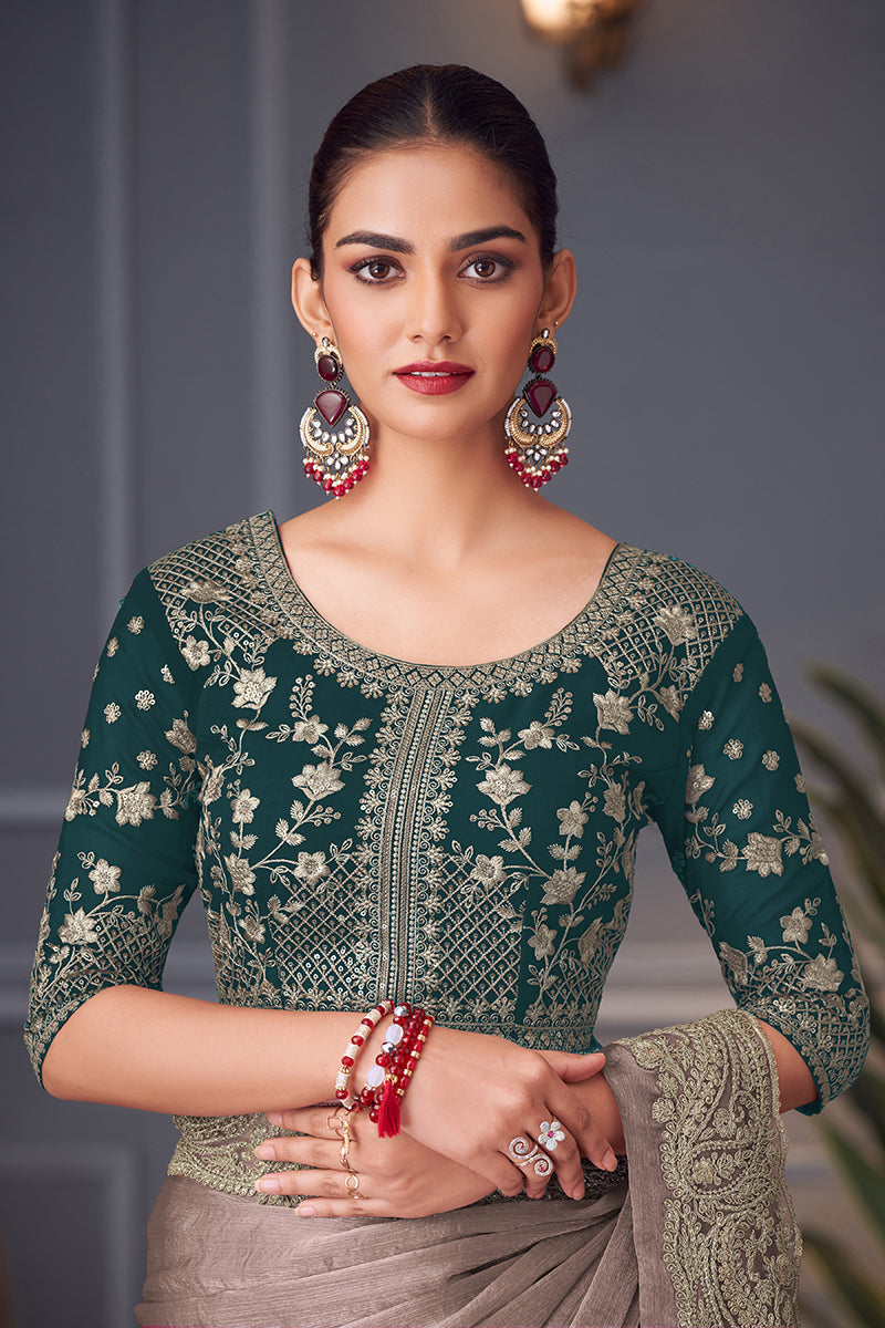 Monjolika Fashion Grey Embroidered Double Tone Silk Blend Designer Saree | Grocsy