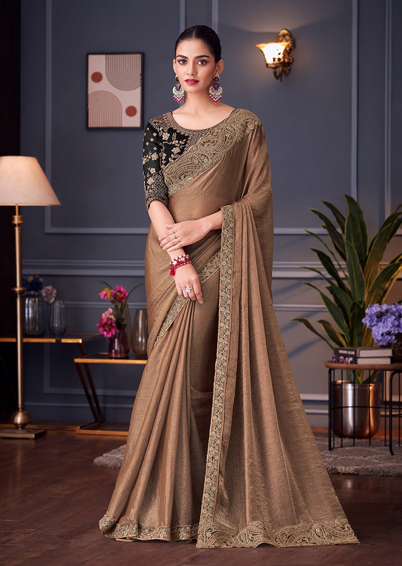 Monjolika Fashion Light Brown Embroidered Double Tone Silk Blend Designer Saree | Grocsy