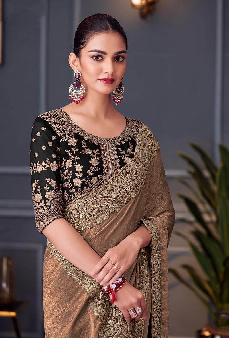 Monjolika Fashion Light Brown Embroidered Double Tone Silk Blend Designer Saree | Grocsy