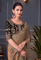 Monjolika Fashion Light Brown Embroidered Double Tone Silk Blend Designer Saree | Grocsy