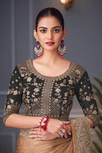 Monjolika Fashion Light Brown Embroidered Double Tone Silk Blend Designer Saree | Grocsy