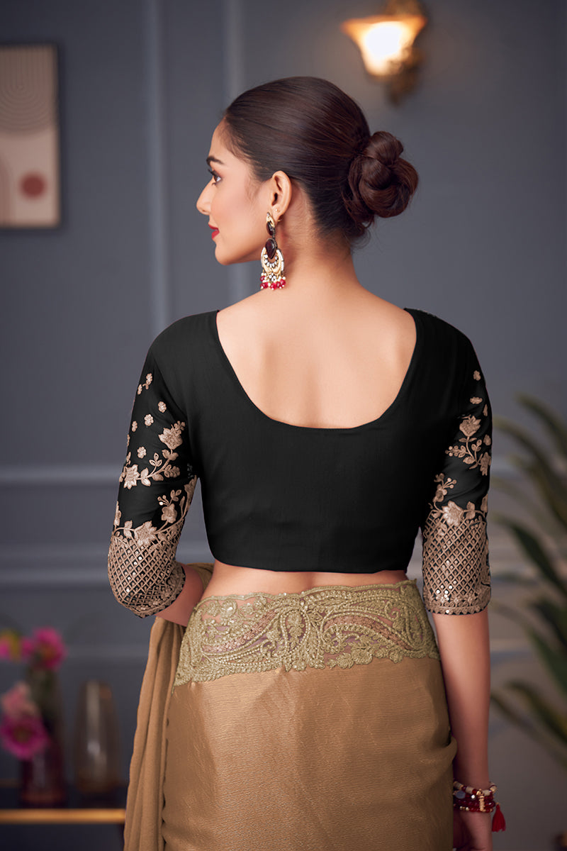Monjolika Fashion Light Brown Embroidered Double Tone Silk Blend Designer Saree | Grocsy