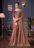 Monjolika Fashion Dark Peach Embroidered Double Tone Silk Blend Designer Saree | Grocsy