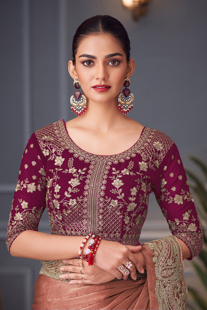 Monjolika Fashion Dark Peach Embroidered Double Tone Silk Blend Designer Saree | Grocsy