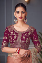 Monjolika Fashion Dark Peach Embroidered Double Tone Silk Blend Designer Saree | Grocsy