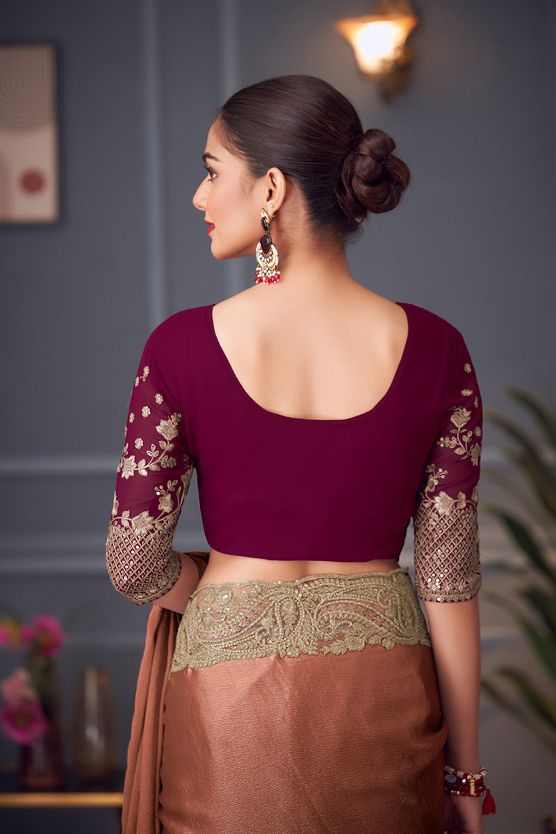 Monjolika Fashion Dark Peach Embroidered Double Tone Silk Blend Designer Saree | Grocsy