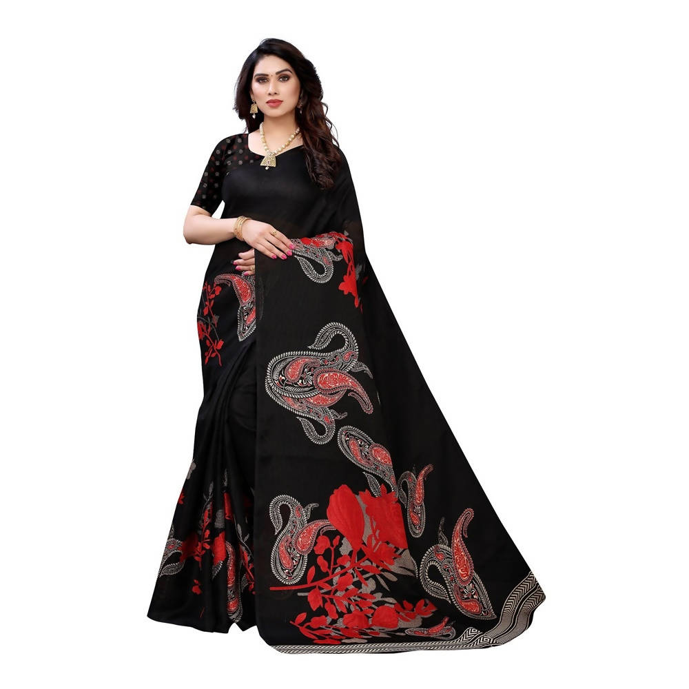 Vamika Printed Jute Silk Black Saree (Leo Black) | Grocsy