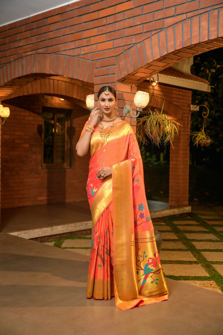 Jyoti Fashion Women's Orange Paithani Silk Zari Woven Saree with Blouse | Grocsy