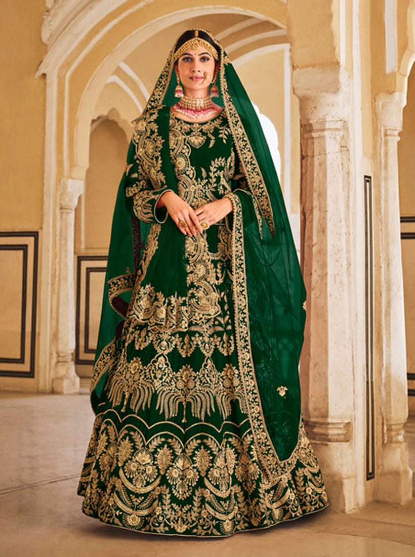 Monjolika Fashion Green Velvet Embroidered Wedding Designer Lehenga Choli | Grocsy