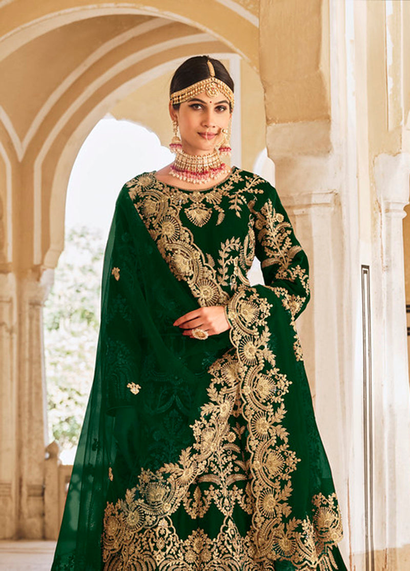 Monjolika Fashion Green Velvet Embroidered Wedding Designer Lehenga Choli | Grocsy