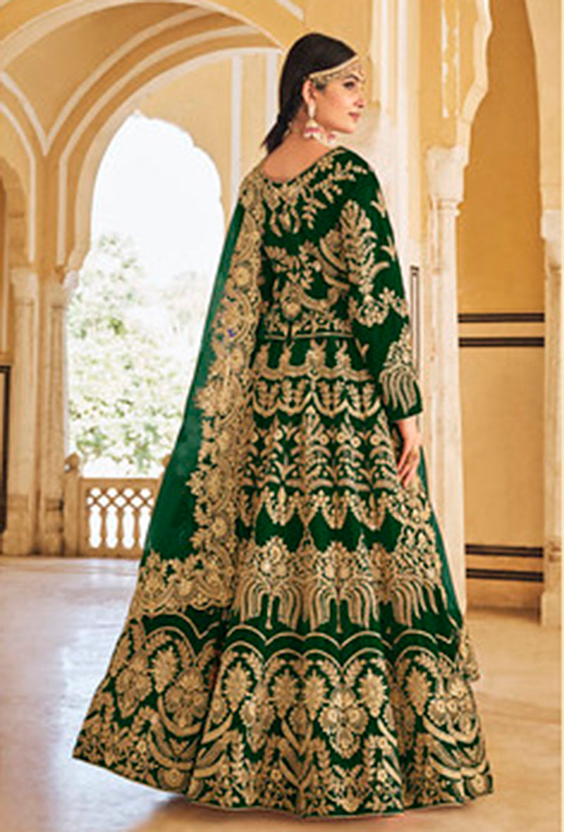 Monjolika Fashion Green Velvet Embroidered Wedding Designer Lehenga Choli | Grocsy