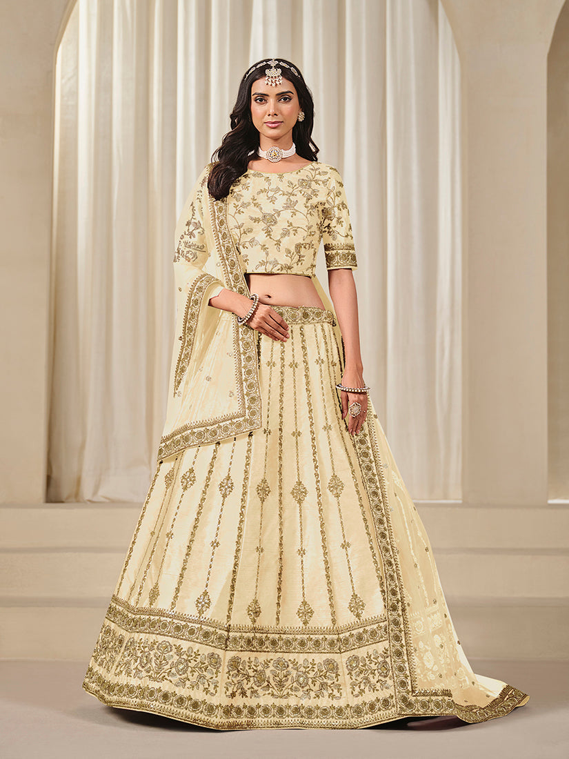 Monjolika Fashion Embroidered Cream Reception Art Silk A Line Lehenga Choli | Grocsy