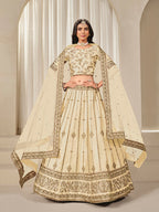 Monjolika Fashion Embroidered Cream Reception Art Silk A Line Lehenga Choli | Grocsy