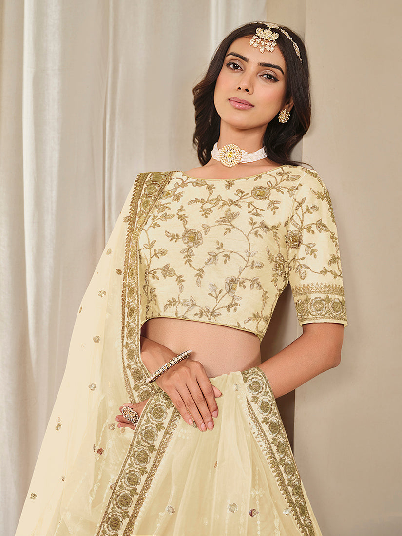 Monjolika Fashion Embroidered Cream Reception Art Silk A Line Lehenga Choli | Grocsy