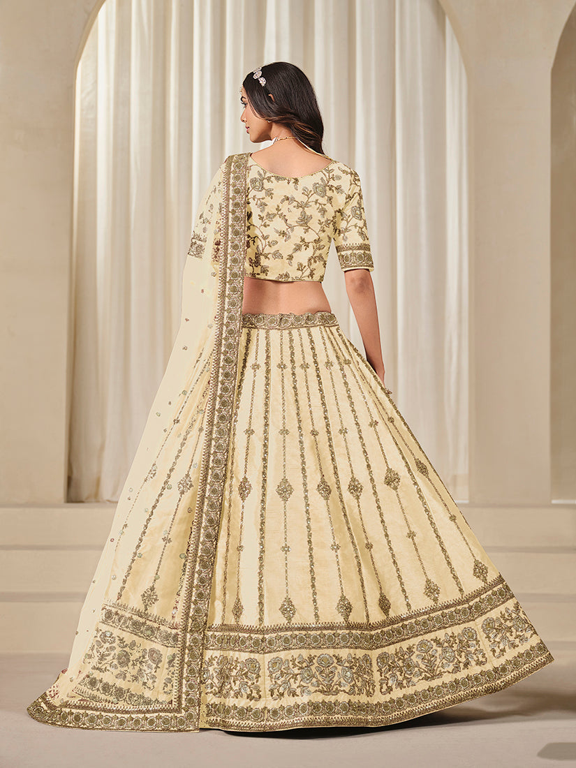 Monjolika Fashion Embroidered Cream Reception Art Silk A Line Lehenga Choli | Grocsy