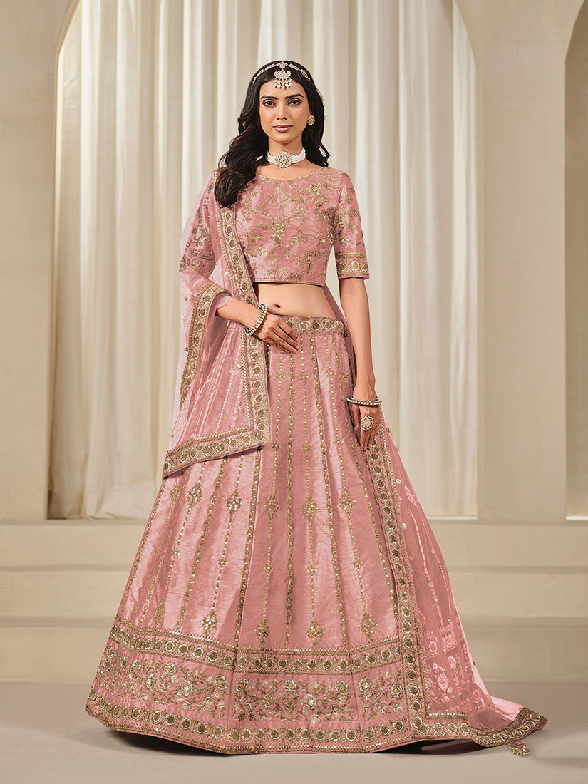 Monjolika Fashion Embroidered Pink Reception Art Silk A Line Lehenga Choli | Grocsy