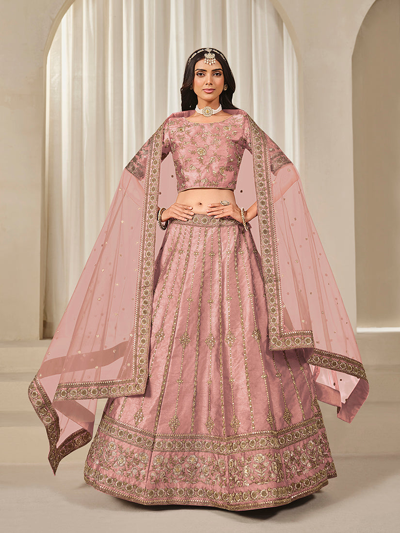 Monjolika Fashion Embroidered Pink Reception Art Silk A Line Lehenga Choli | Grocsy