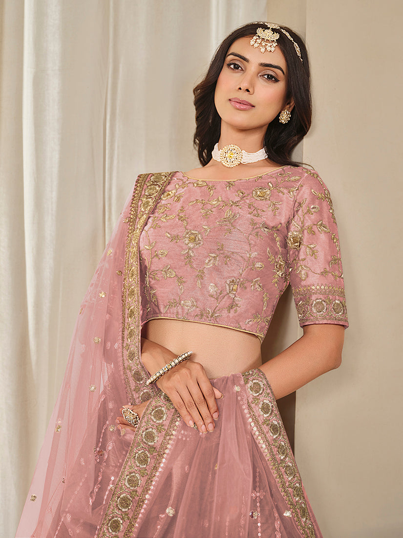 Monjolika Fashion Embroidered Pink Reception Art Silk A Line Lehenga Choli | Grocsy