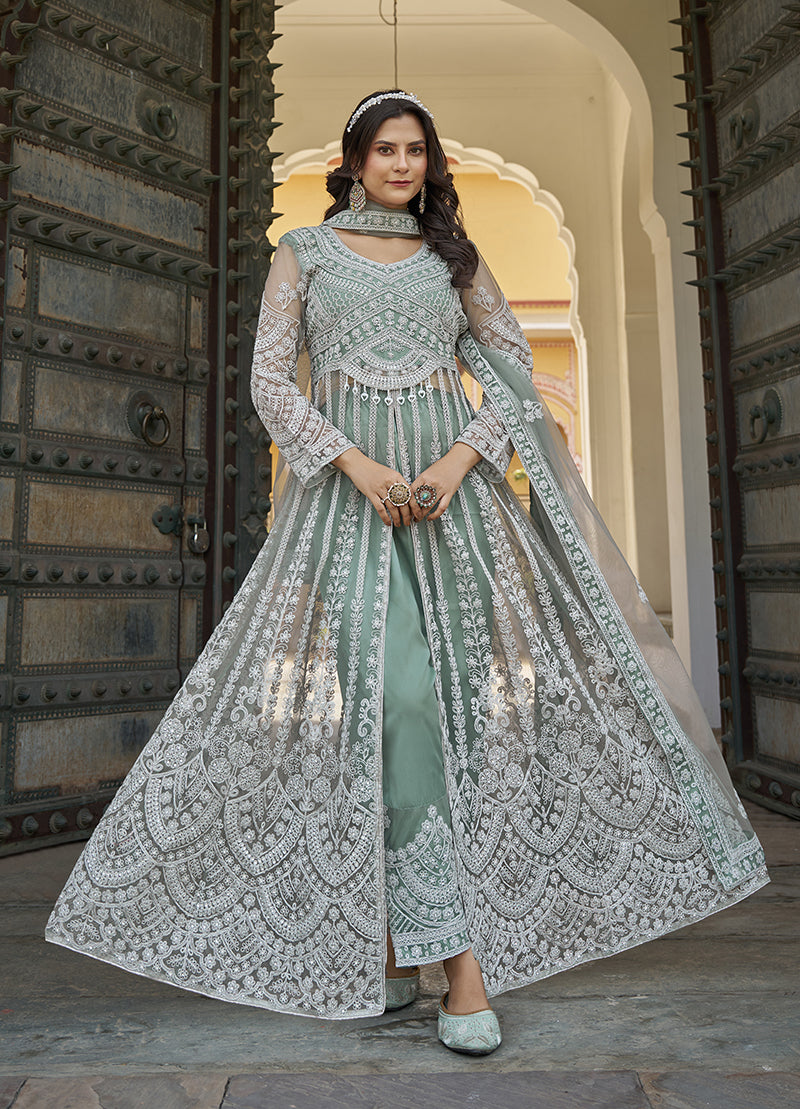Monjolika Fashion Embroidered Sea Green Net Reception Designer Salwar Suit | Grocsy