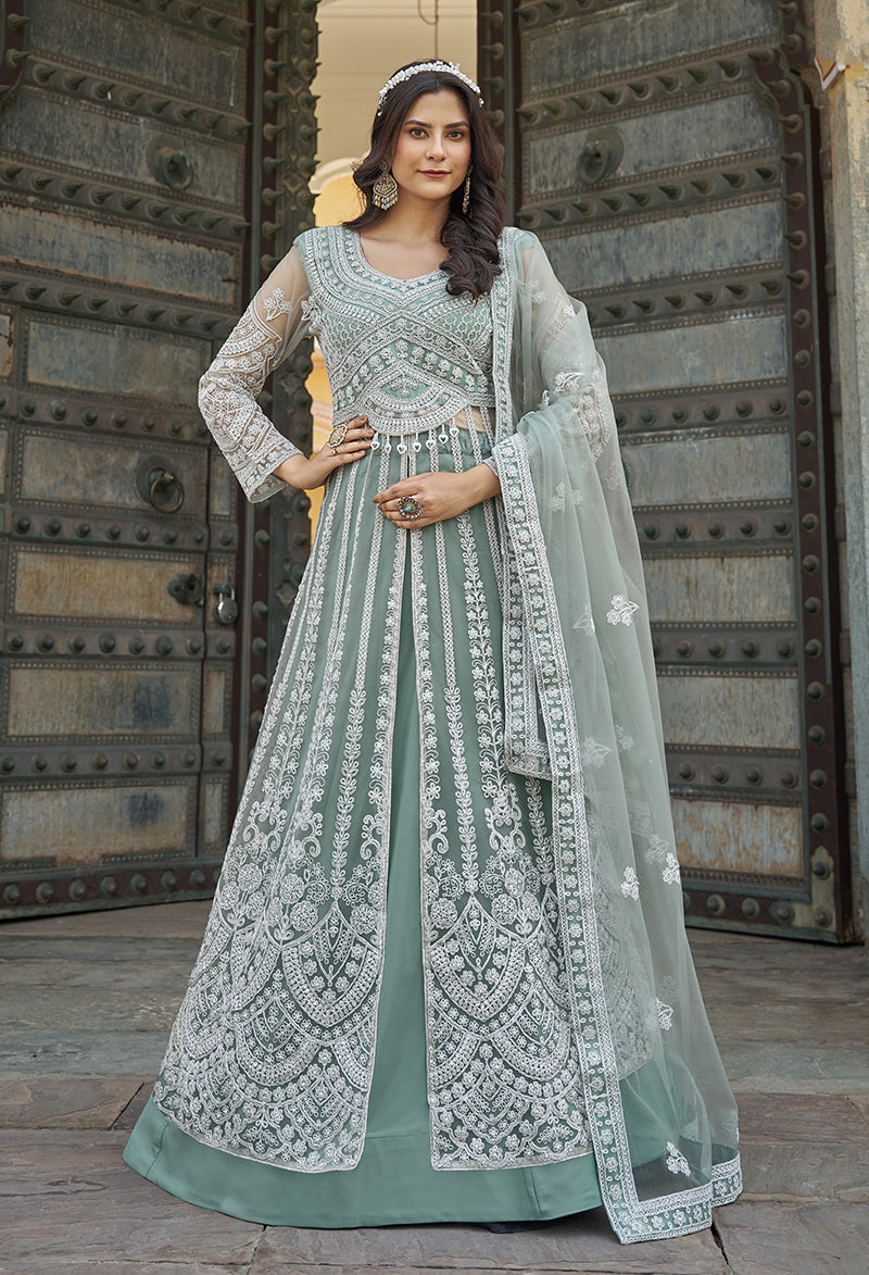 Monjolika Fashion Embroidered Sea Green Net Reception Designer Salwar Suit | Grocsy