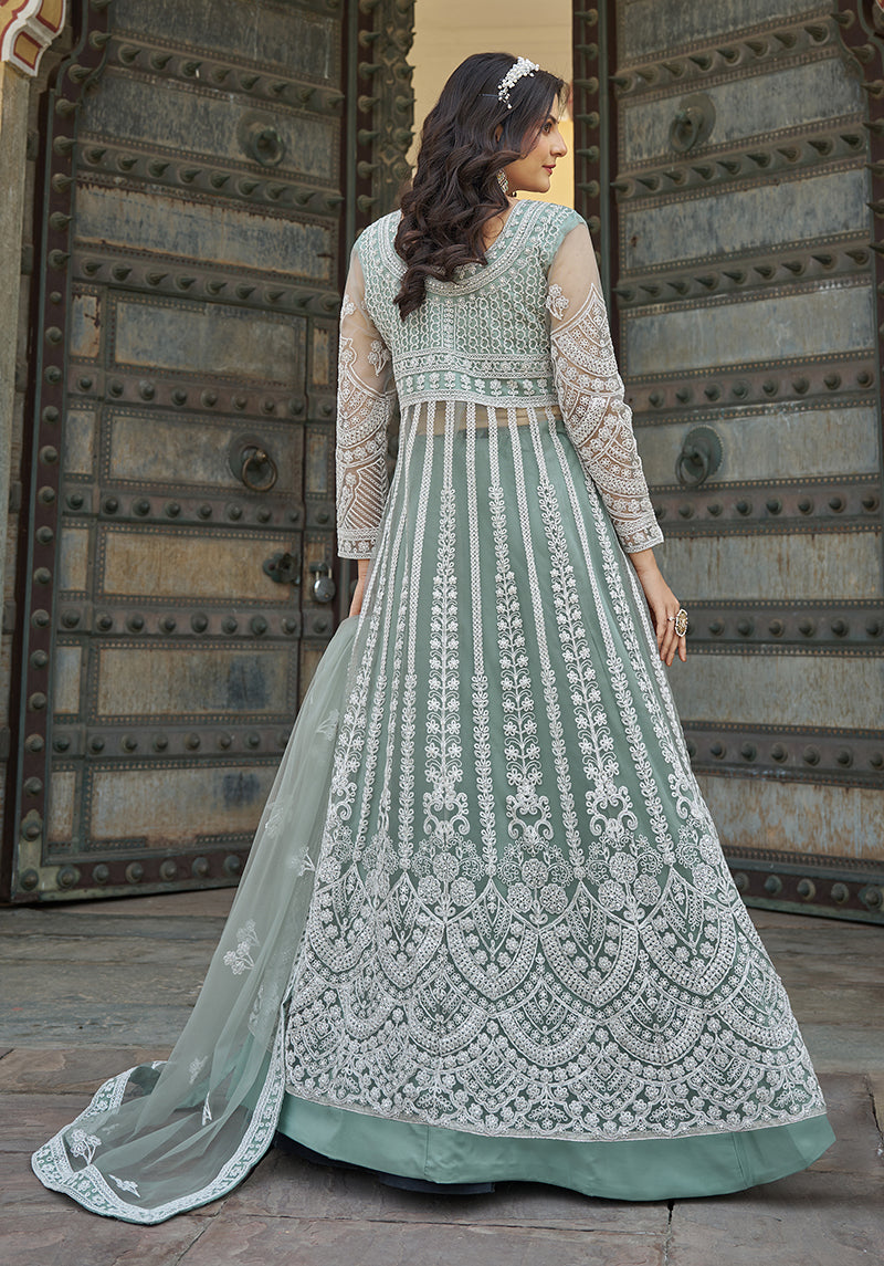 Monjolika Fashion Embroidered Sea Green Net Reception Designer Salwar Suit | Grocsy