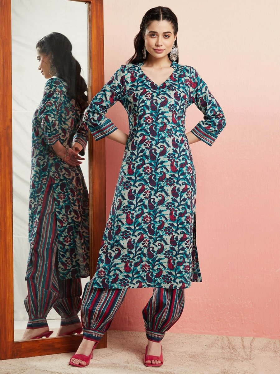 Aks Floral Printed V-Neck Pure Cotton Kurta with Salwar | Grocsy
