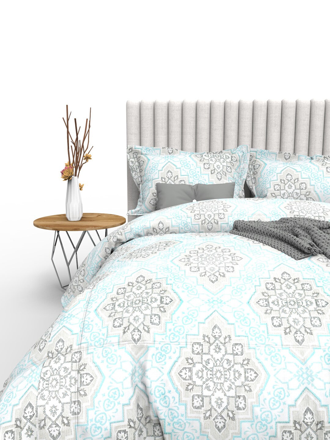 THE WHITE MOSS Blue & Grey Ethnic Motifs 350 TC Cotton King Bedsheet with 2 Pillow Covers | Grocsy