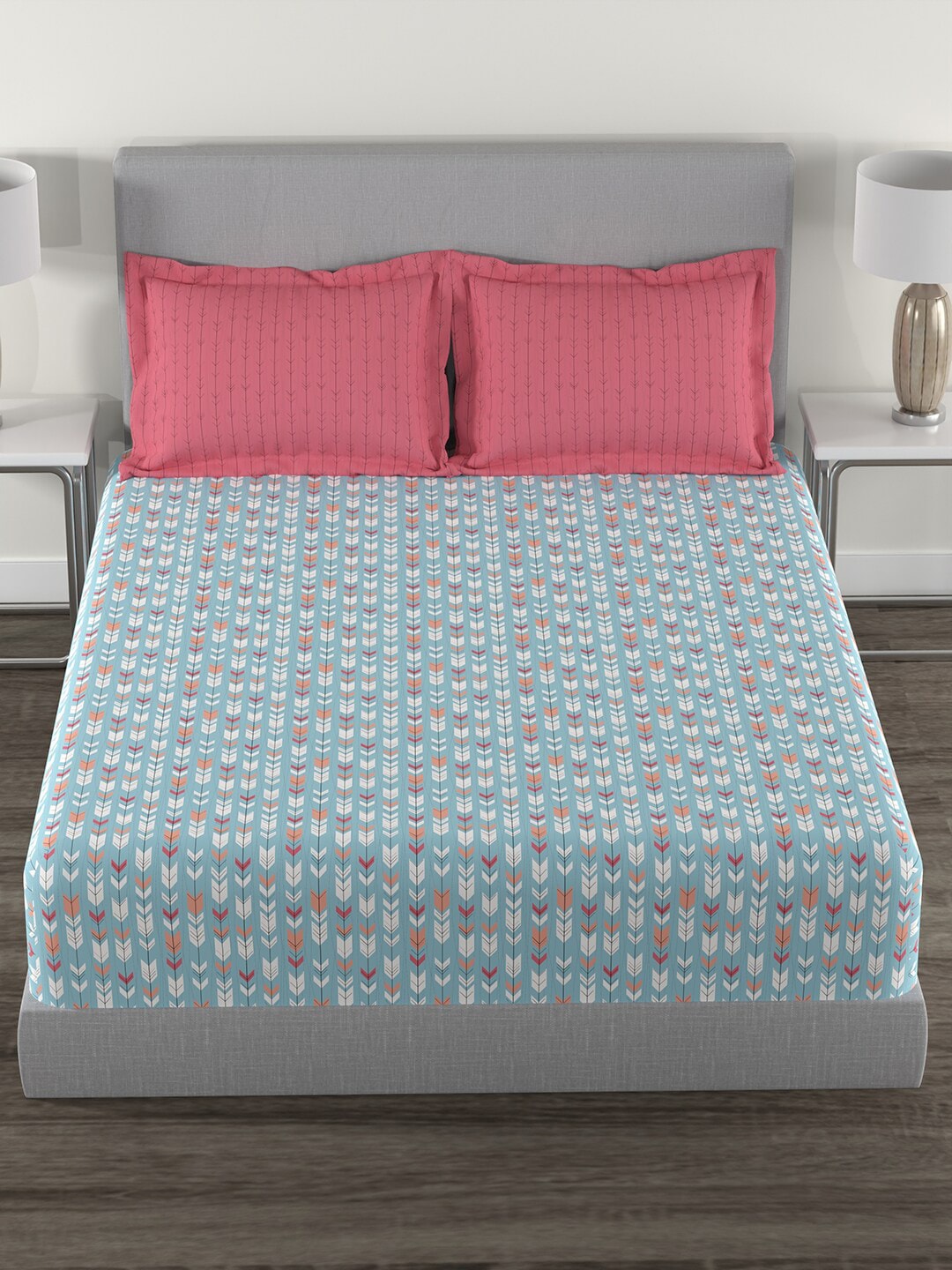 MYTRIDENT Blue White Geometric Cotton 144 TC Queen Bedsheet With 2 Pillow Covers | Grocsy