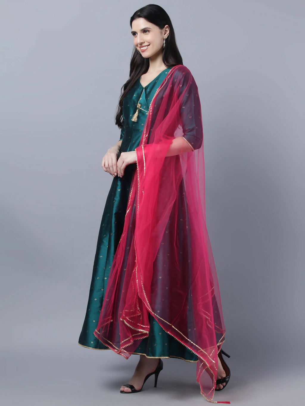 Myshka Green Red Ethnic Motifs Ethnic Anarkali Dress With Dupatta | Grocsy