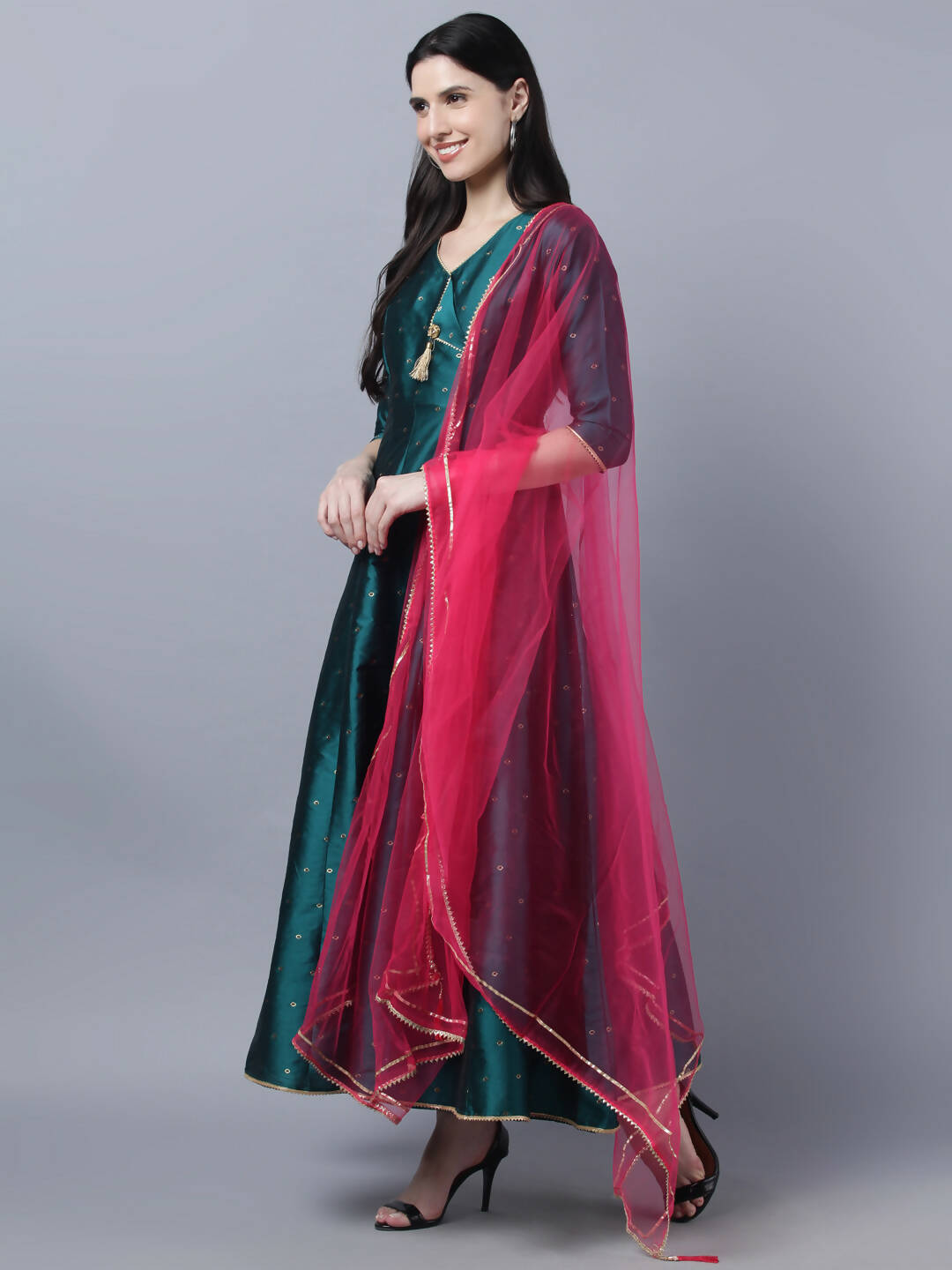 Myshka Green Red Ethnic Motifs Ethnic Anarkali Dress With Dupatta | Grocsy