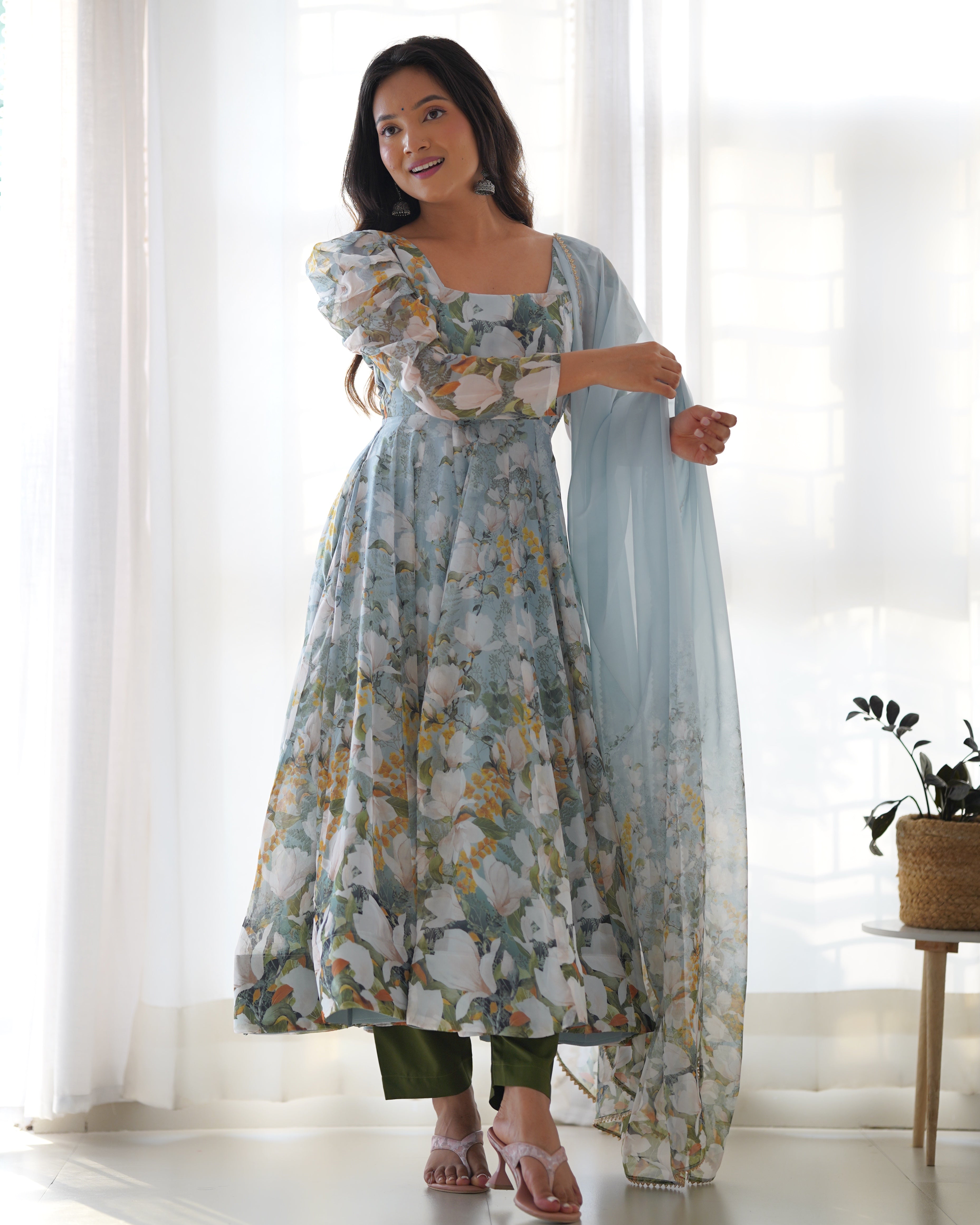 Lorenvalley Grey Soft Organza Silk With Floral Print Fully Flared Anarkali Pant With Dupatta Set | Grocsy