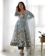 Lorenvalley Grey Soft Organza Silk With Floral Print Fully Flared Anarkali Pant With Dupatta Set | Grocsy