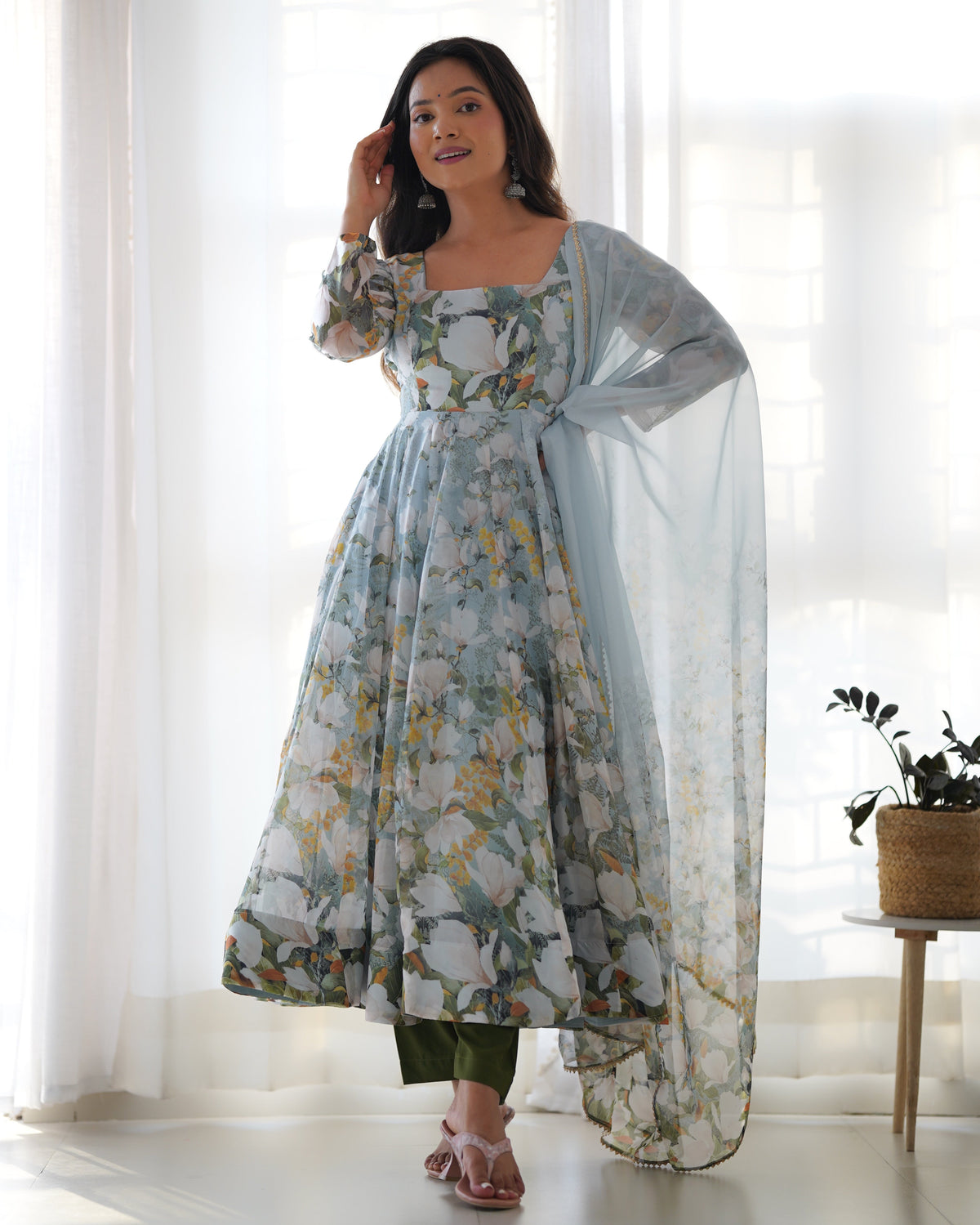 Lorenvalley Grey Soft Organza Silk With Floral Print Fully Flared Anarkali Pant With Dupatta Set | Grocsy
