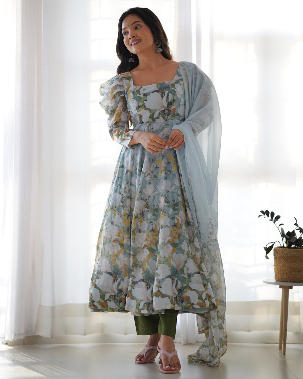 Lorenvalley Grey Soft Organza Silk With Floral Print Fully Flared Anarkali Pant With Dupatta Set | Grocsy